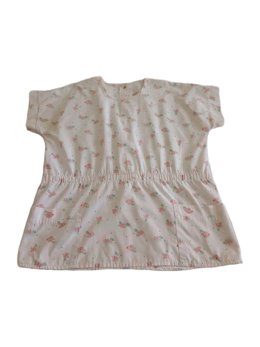Handmade Scrub Top Women 2XL White Pink Floral Drawstring Snap Back Nurse Medica